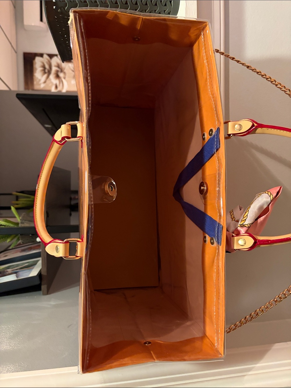 Louis Vuitton Orange Clear Tote with Gold Chain and Pink Scarf Accent - Picture 8 of 13